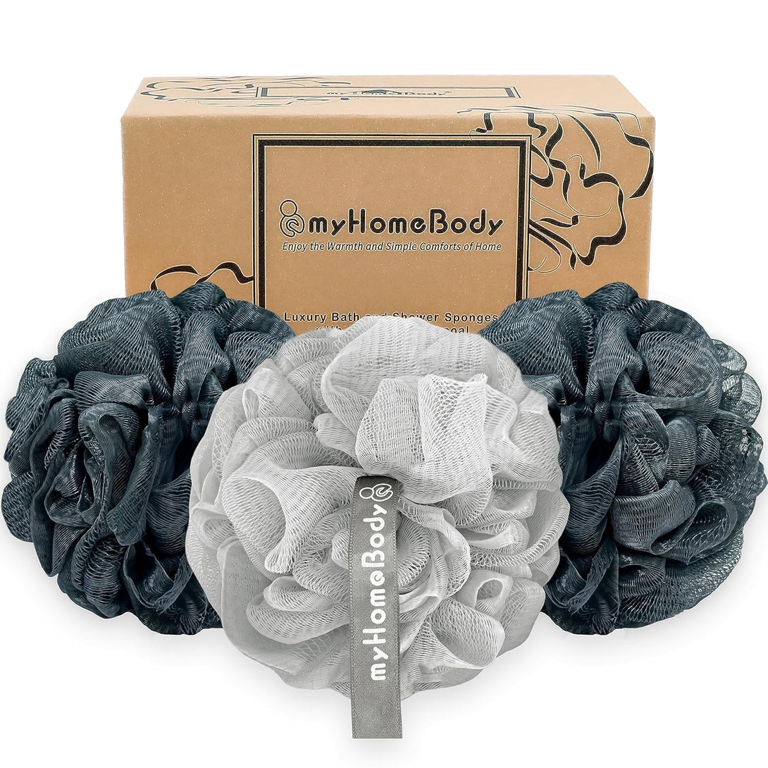 Myhomebody Large 70G Loofah Sponge, Body Scrubber, Bath Sponge, Loofah for Women, Men, Exfoliating Sponge Shower Pouf with Activated Charcoal - 3 Pack, 2 Midnight Blue + 1 Fog Gray