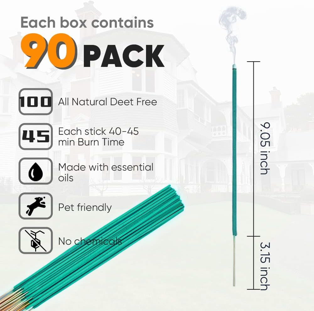 90 PACK Mosquito Incense Sticks | Mosquito Repellent Citronella Incense Sticks Plant Based Essential Oils | Non Toxic and DEET Free | Anti- Mosquitos Incense Sticks for Outdoor Patio Picnic