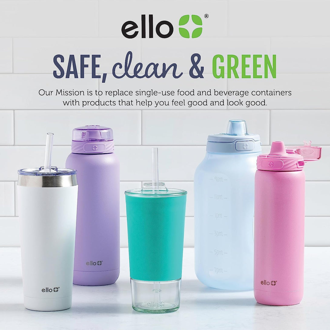 Ello Kids Colby 12Oz Stainless Steel Insulated Water Bottle with Straw and Built-In Silicone Coaster Carrying Handle and Leak-Proof Locking Lid for School Backpack, Lunchbox, and Outdoor Sports