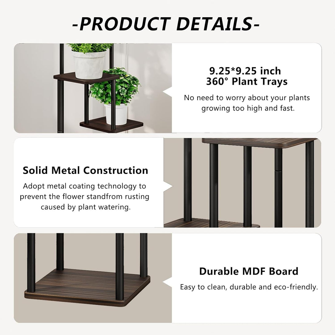 AZERPIAN Plant Stand 4 Tier Indoor Metal Flower Shelf for Multiple Plants Corner Tall Flower Holders for Patio Garden Living Room Balcony Bedroom, Black Oak