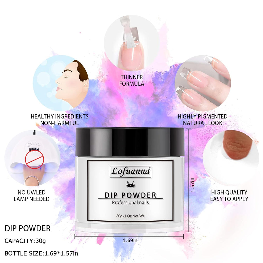 Lofuanna Dip Powder Nail Kit Starter-Clear Nail Dipping Powder with Base&Top Coat&Activator&Brush Saver,No UV/LED Needed,Diy French Nail Art Manicure,Easy to Apply for Home or Salon Use