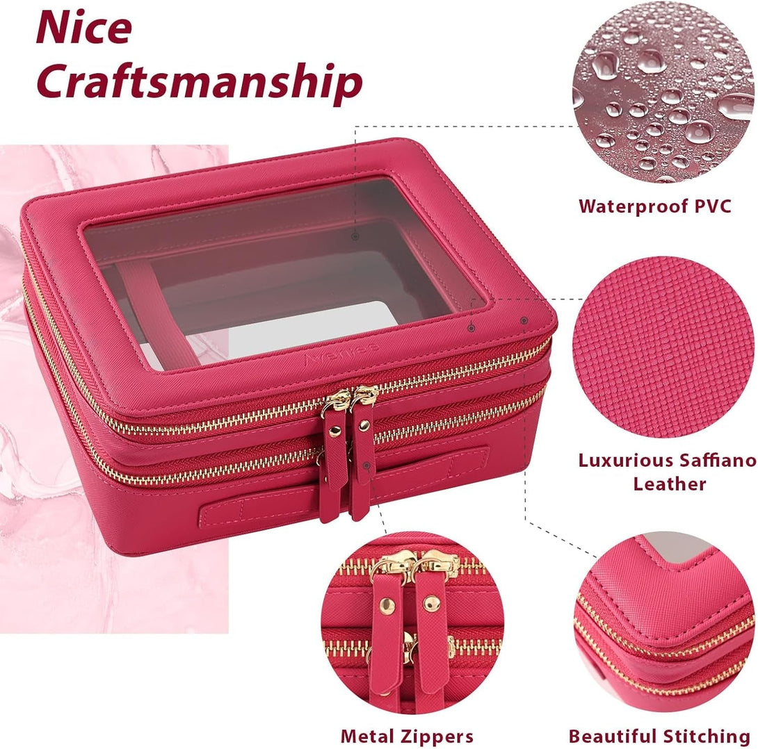 Aveniee Clear Makeup Bags, Double Layer Cosmetic Bags with a Separate Brush Compartment, Large Travel Toiletry Bag Train Case for Women, Travel Accessories Organizer(2 Layers Large, Hotpink)
