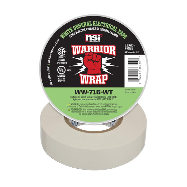 NSI WW-716-WT Warriorwrap General 7 Mil Vinyl Electrical Tape, 3/4" Width, 60' Length, White