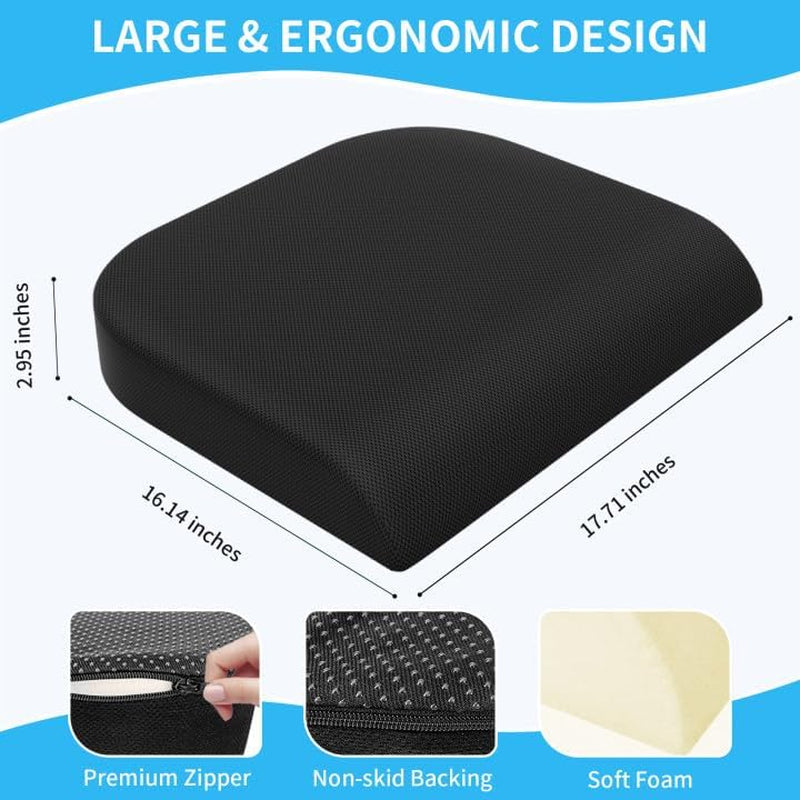 Large Seat Cushion, Soft Foam Cushion for Long Sitting Hours on Office Chair, Home & Car, Non-Slip Chair Pad for Relieving Back & Sciatica & Hip & Coccyx Pain (Black)