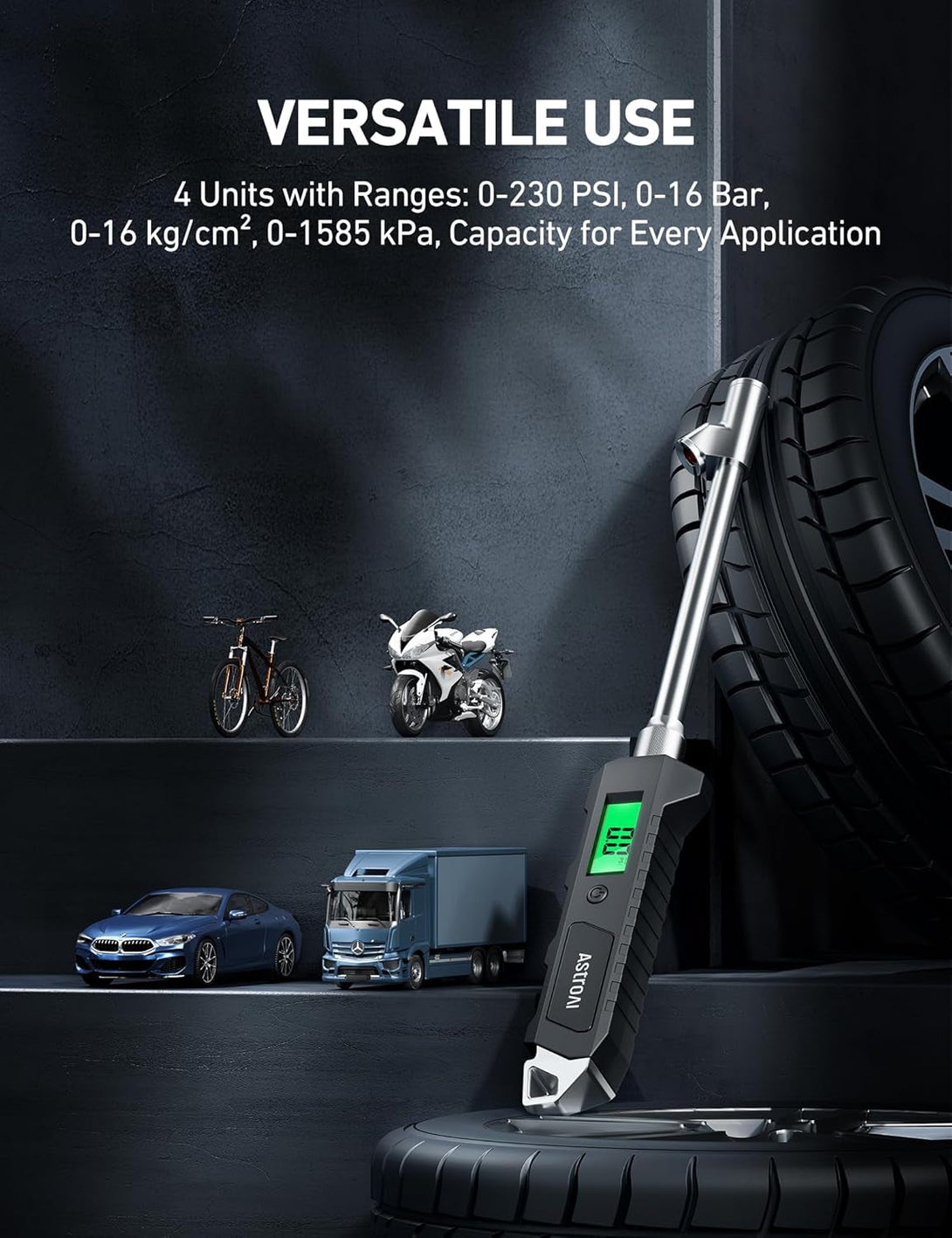 Astroai Digital Tire Pressure Gauge 230 PSI Heavy Duty Dual Head Stainless Steel Made for Truck and RV with Backlit LCD and Flashlight Car Accessories