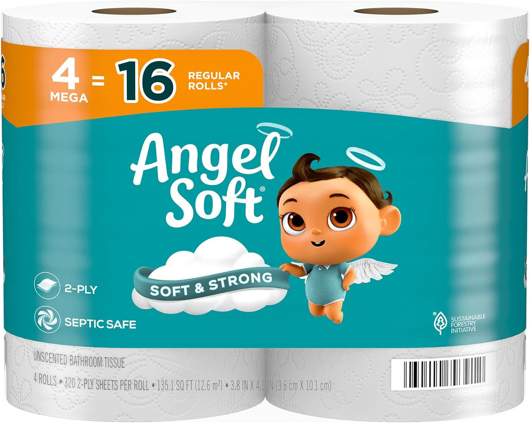 Angel Soft Toilet Paper, 4 Mega Rolls = 16 Regular Rolls, Soft and Strong Toilet Tissue