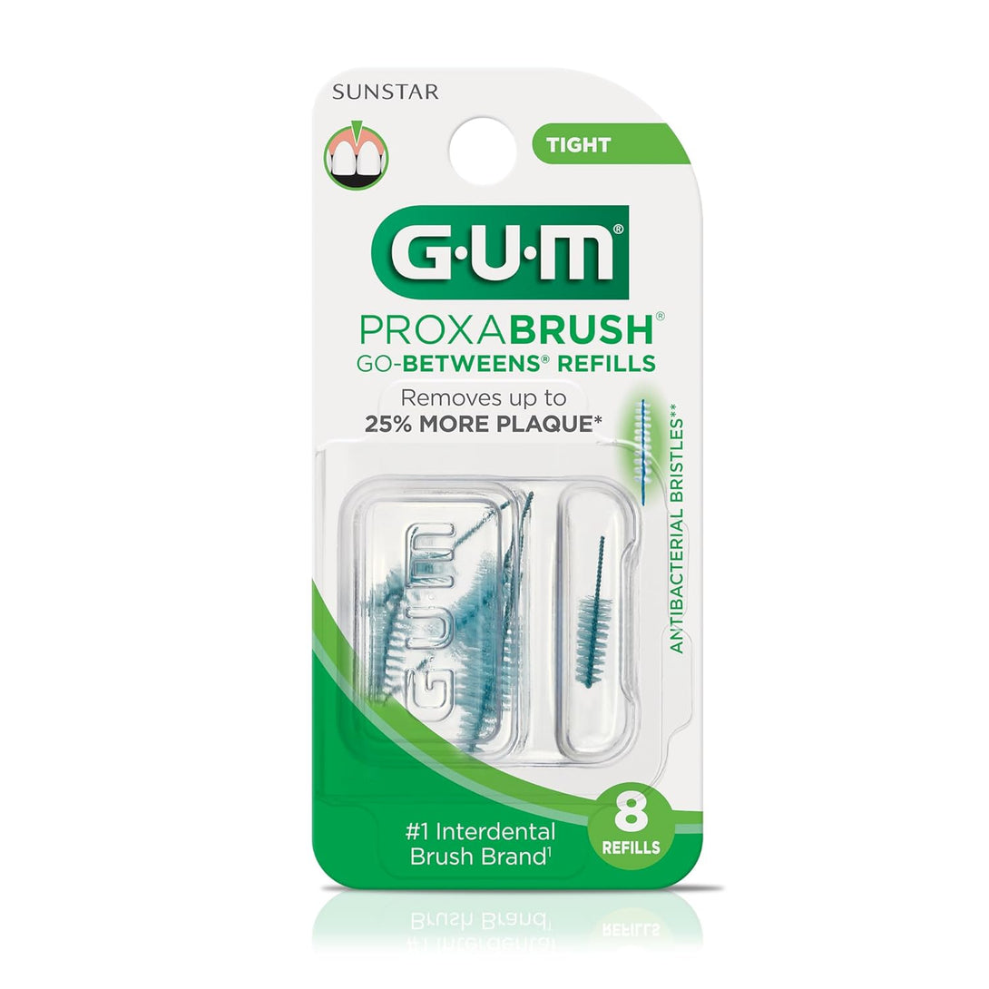 GUM Proxabrush Go-Betweens Refills - Tight - Compatible with GUM Permanent Handle -Reusable Interdental Brushes for Tight Teeth - Soft Bristled Dental Picks, 8Ct