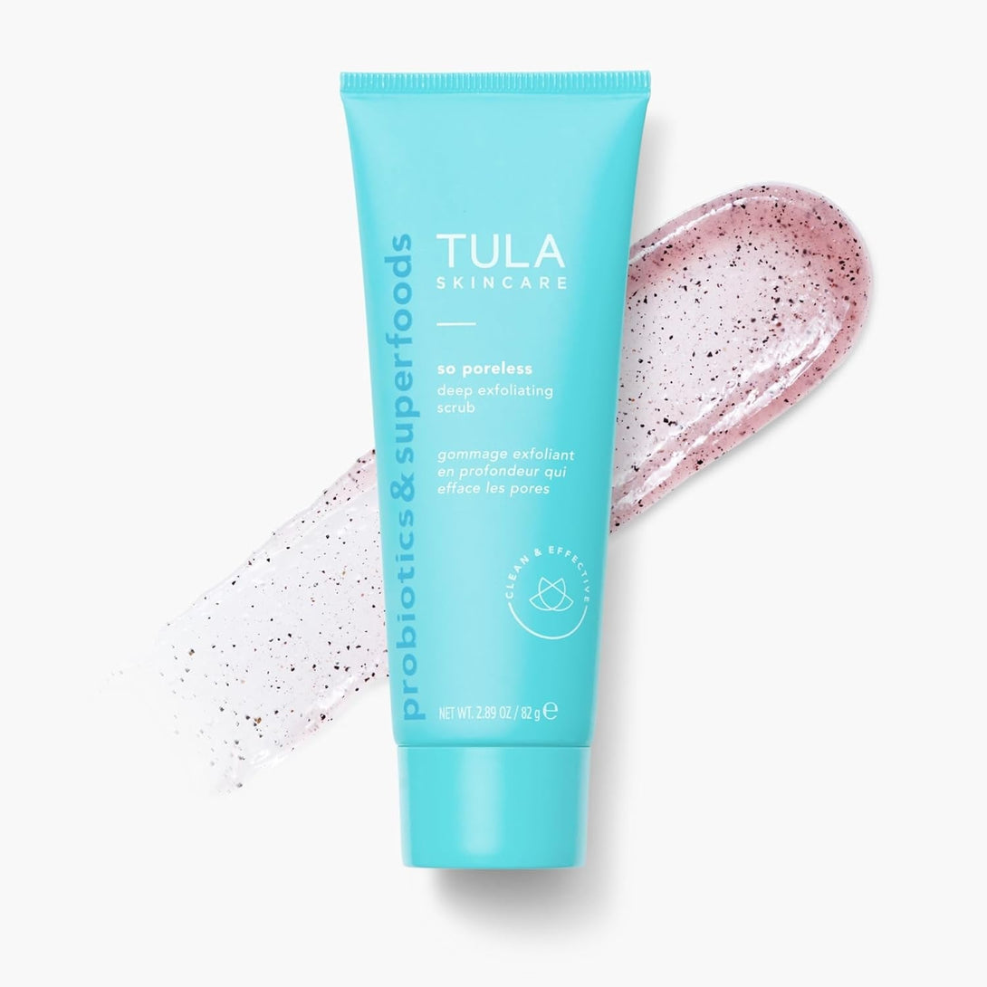 TULA Skin Care so Poreless Exfoliating Blackhead Scrub - Powerful and Gentle Exfoliation, Refreshing and Smoothing, Contains Probiotic Extracts, Volcanic Sand, Pink Salt, and Witch Hazel, 2.89 Oz.