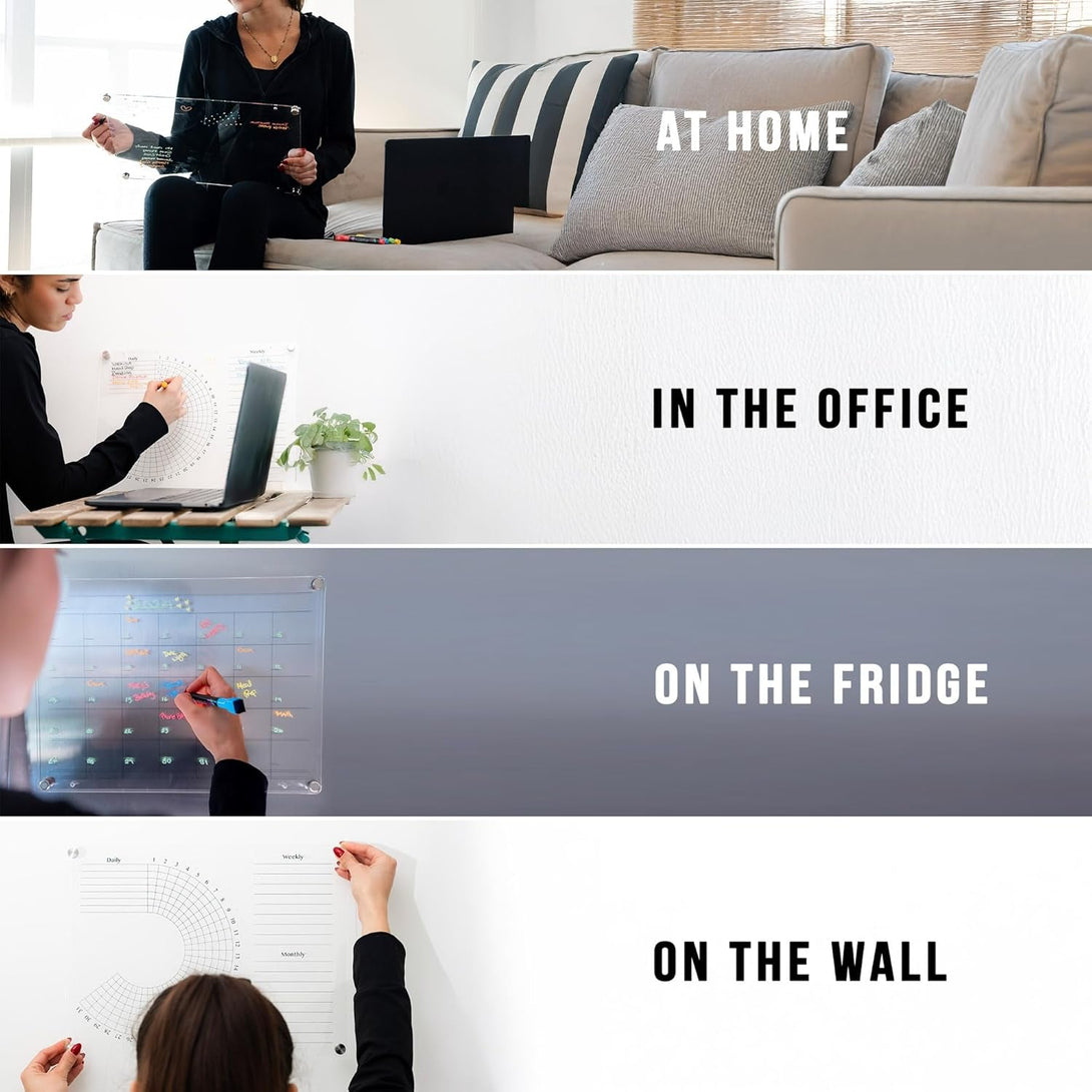 Acrylic Calendar and Habit Tracker Set - Clear Magnetic Calendar for Fridge - Clear Magnetic Planner for Refrigerator - Acrylic Dry Erase Board for Wall with Pens, Holder, Eraser - the Goal Tracker