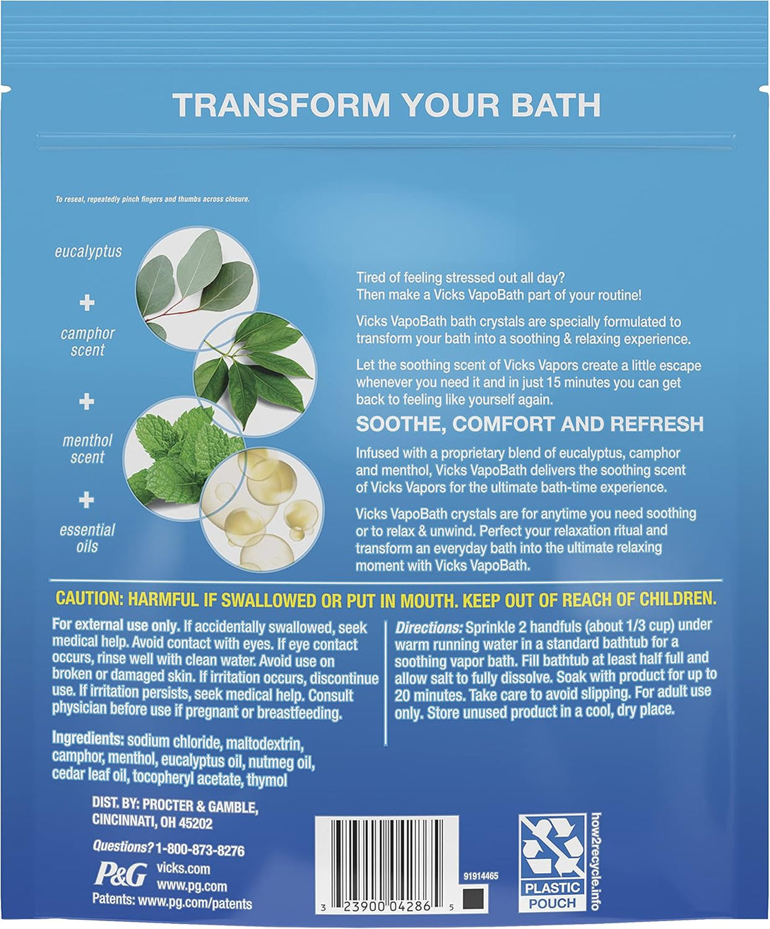 Vicks Vapobath, Bath Salts, Bath Bomb, Non-Medicated Bath Crystals, Comforting Vicks Vapors, Vapor Bath, Aromatherapy with Eucalyptus and Menthol Scent, Contains Essential Oils, 36 OZ