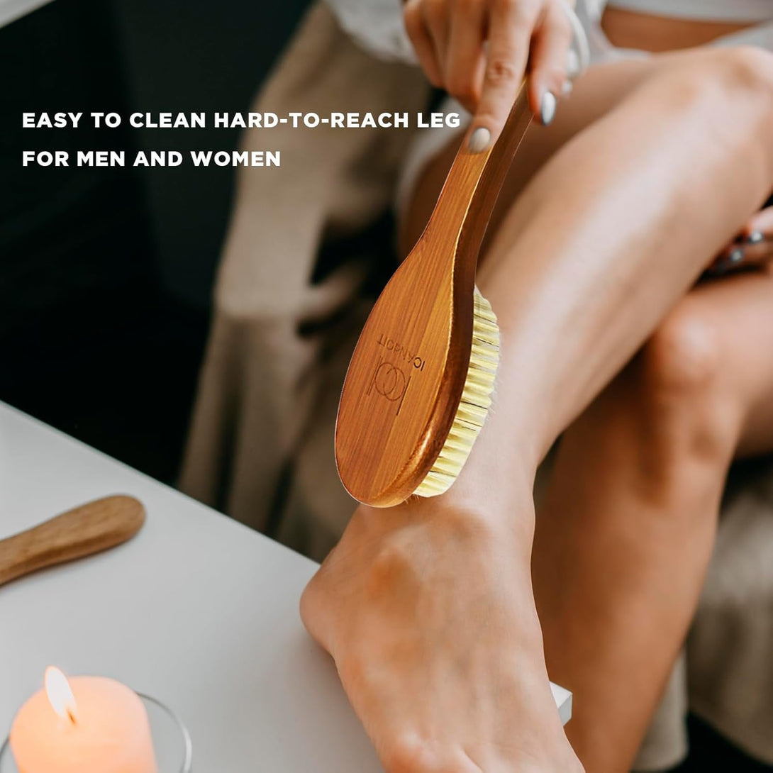 Icandoit-17.71Inch Natural Boar Bristles Anti-Slip Curved Long Handle Bath Brush,Bent Handle Shower Scrubber for Exfoliating,Shower Back Brush