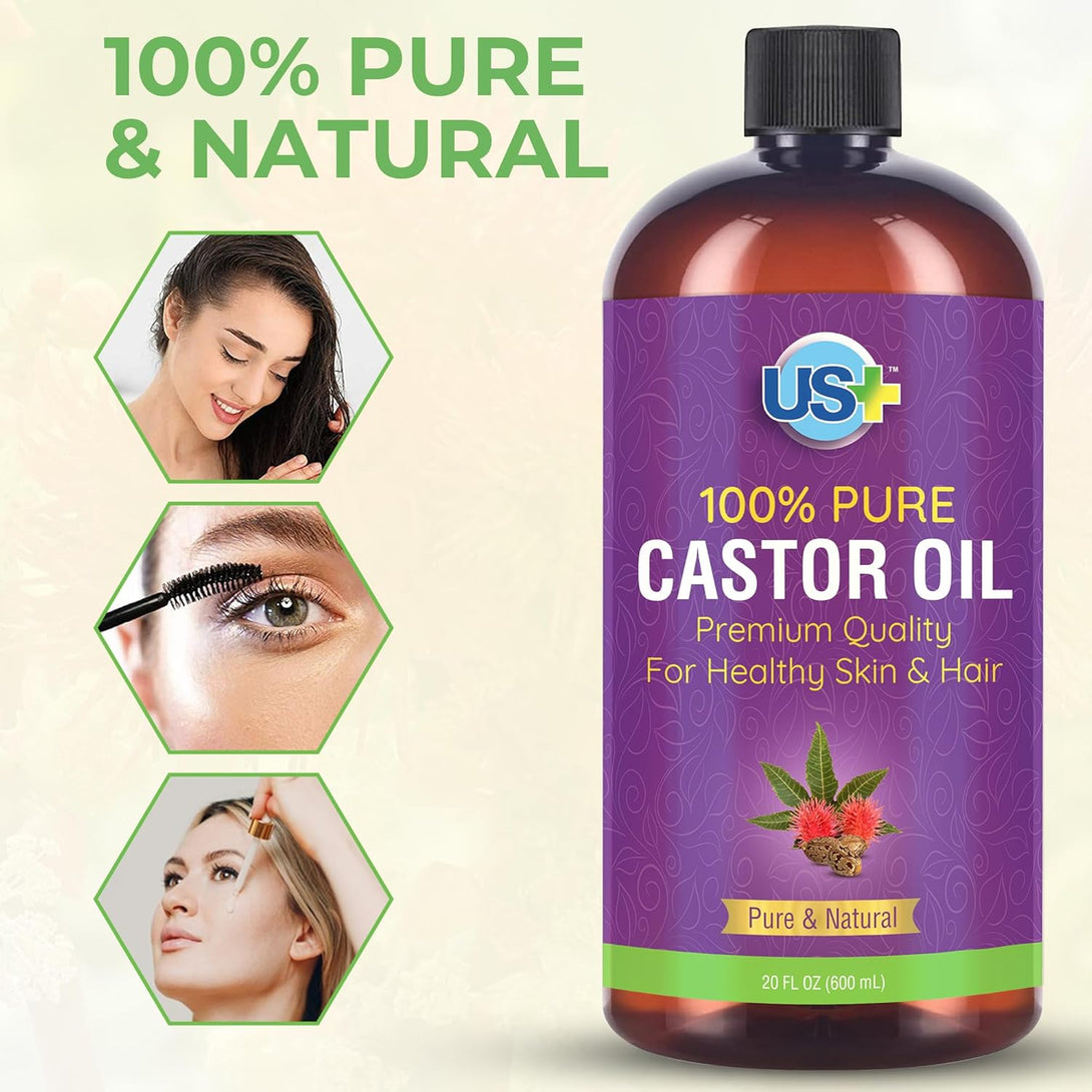 20Oz 100% Pure Castor Oil - Cold-Pressed, Unrefined, Hexane-Free - BPA Free Plastic Bottle - USP Grade - Premium Quality for Healthy Skin & Hair