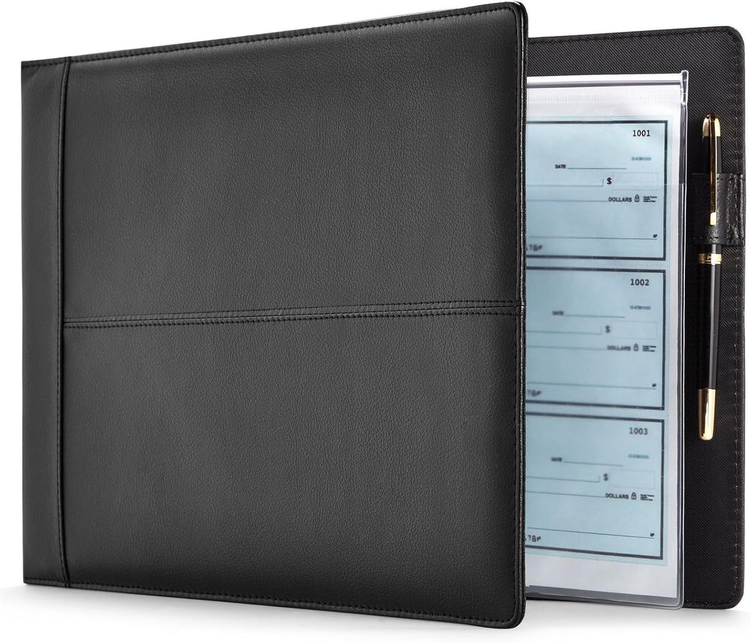 7-Ring Business Check Binder for Checkbooks Organization, Financial Records, Personal and Corporate Use, Black Faux Leather Folder for 600 Checks (14 X 10 Inches)