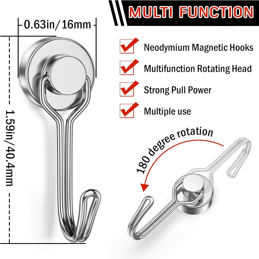 FINDMAG 6 Pack Swivel Swing Magnetic Hook 30LBS Heavy Duty Magnetic Hooks Strong Neodymium Magnet Hook for Hanging, Perfect for Refrigerator and Other Magnetic Surfaces, 60Mm(2.36In) in Length