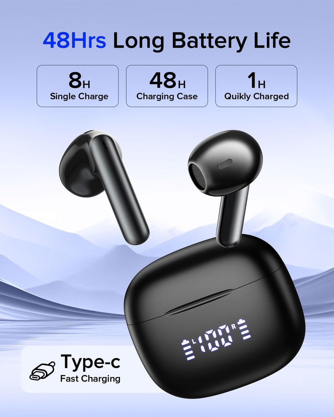 Wireless Earbuds Bluetooth 5.3 Headphones, Bluetooth Earbuds with Noise Cancelling Mic LED Display, Hi-Fi Stereo, 42H Playback, IPX7 Waterproof, Smart Touch Control, Ergonomic Design Black