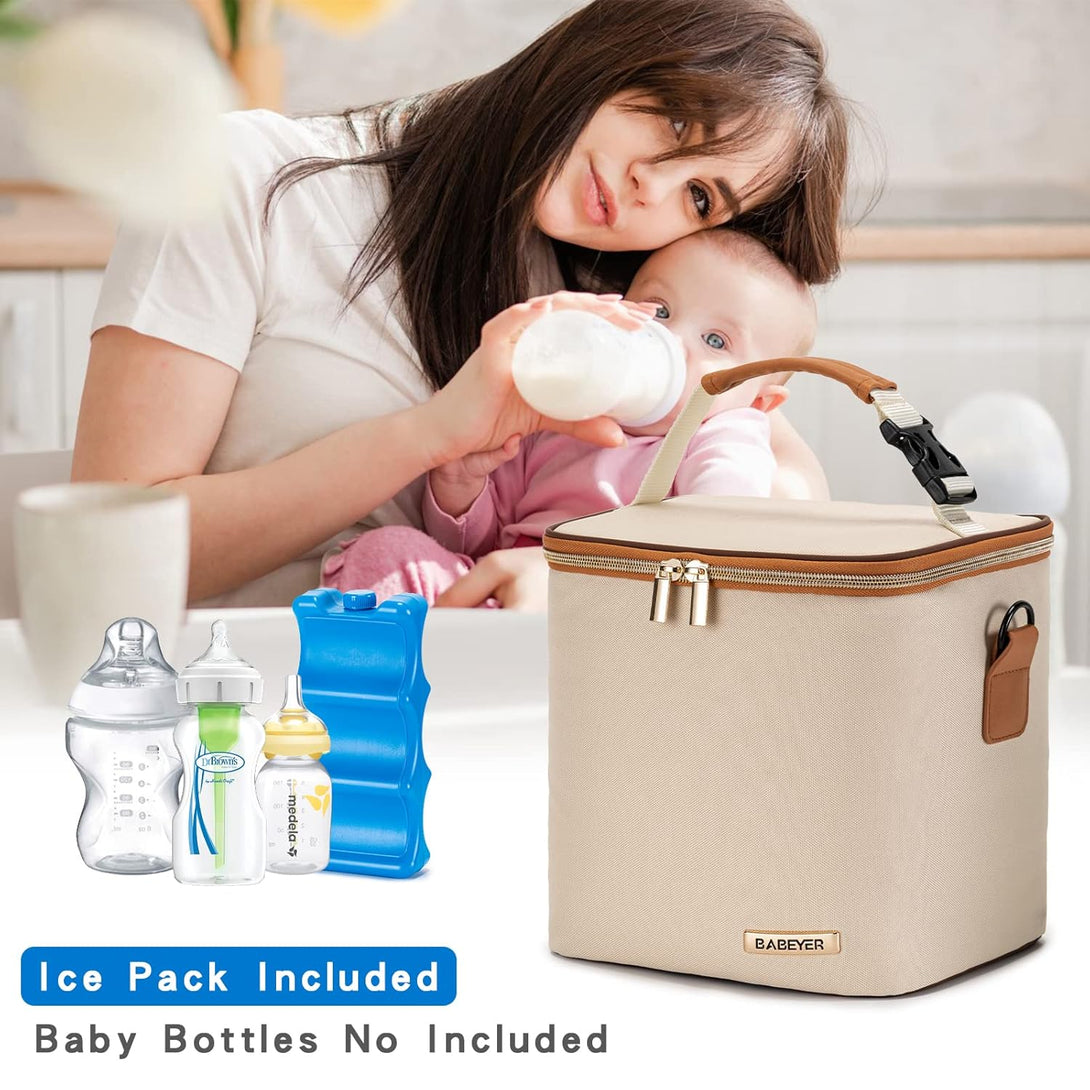 Breastmilk Cooler Bag with Ice Pack Fits 6 Baby Bottles up to 9 Ounce, Baby Bottle Bag with Shoulder Strap for Nursing Mom Daycare, Cream