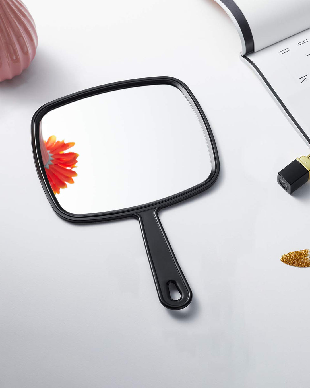 Large Hand Mirror, Salon Barber Hairdressing Handheld Mirror with Handle (Square Black 10.3"X7.4")