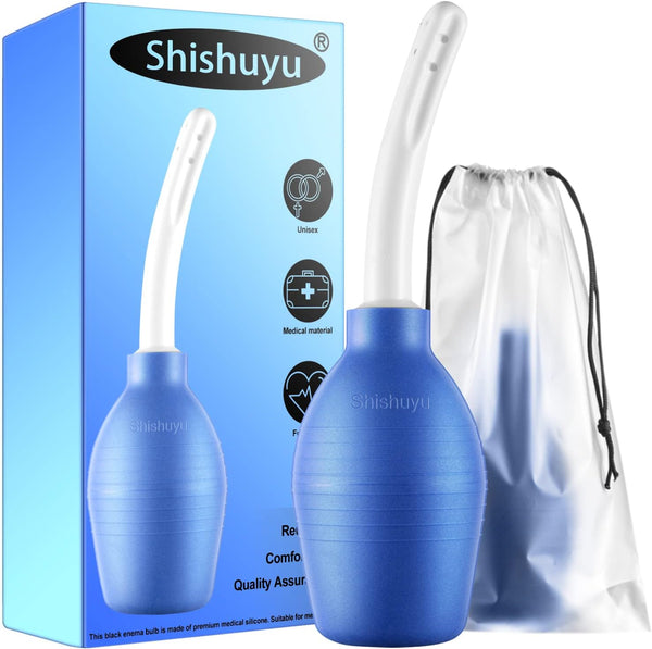 10 Oz Enema Bulb Kit with Storage Bag- Anal or Vaginal Silicone Douche for Men or Women - Comfortable Cleaner（Blue）