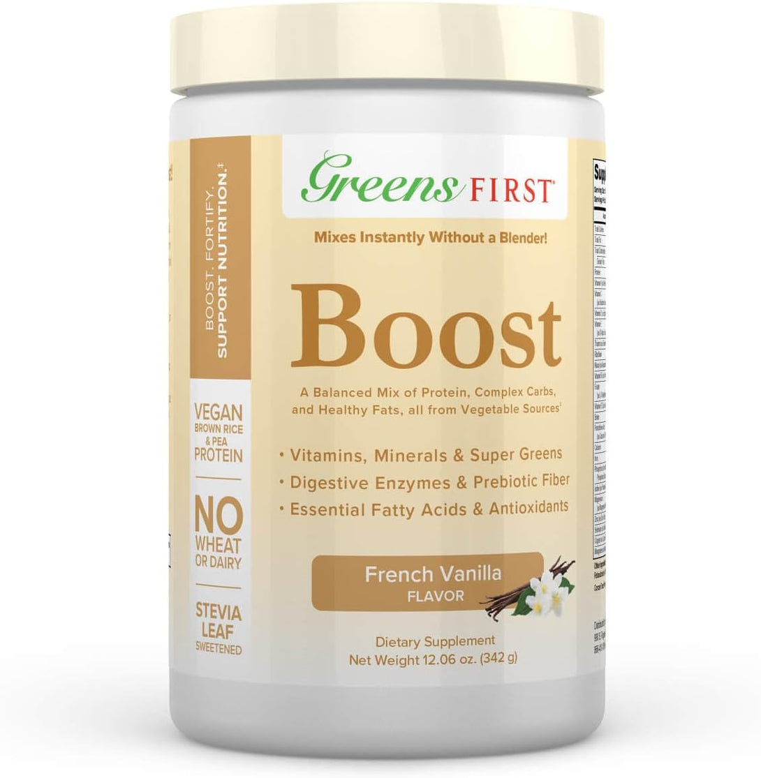 Greens First Boost - Plant-Based Protein & Balanced Nutrition - Superfood Shake Mix - No Wheat or Soy - Dairy-Free - Vegan - French Vanilla, 12.06 Oz.