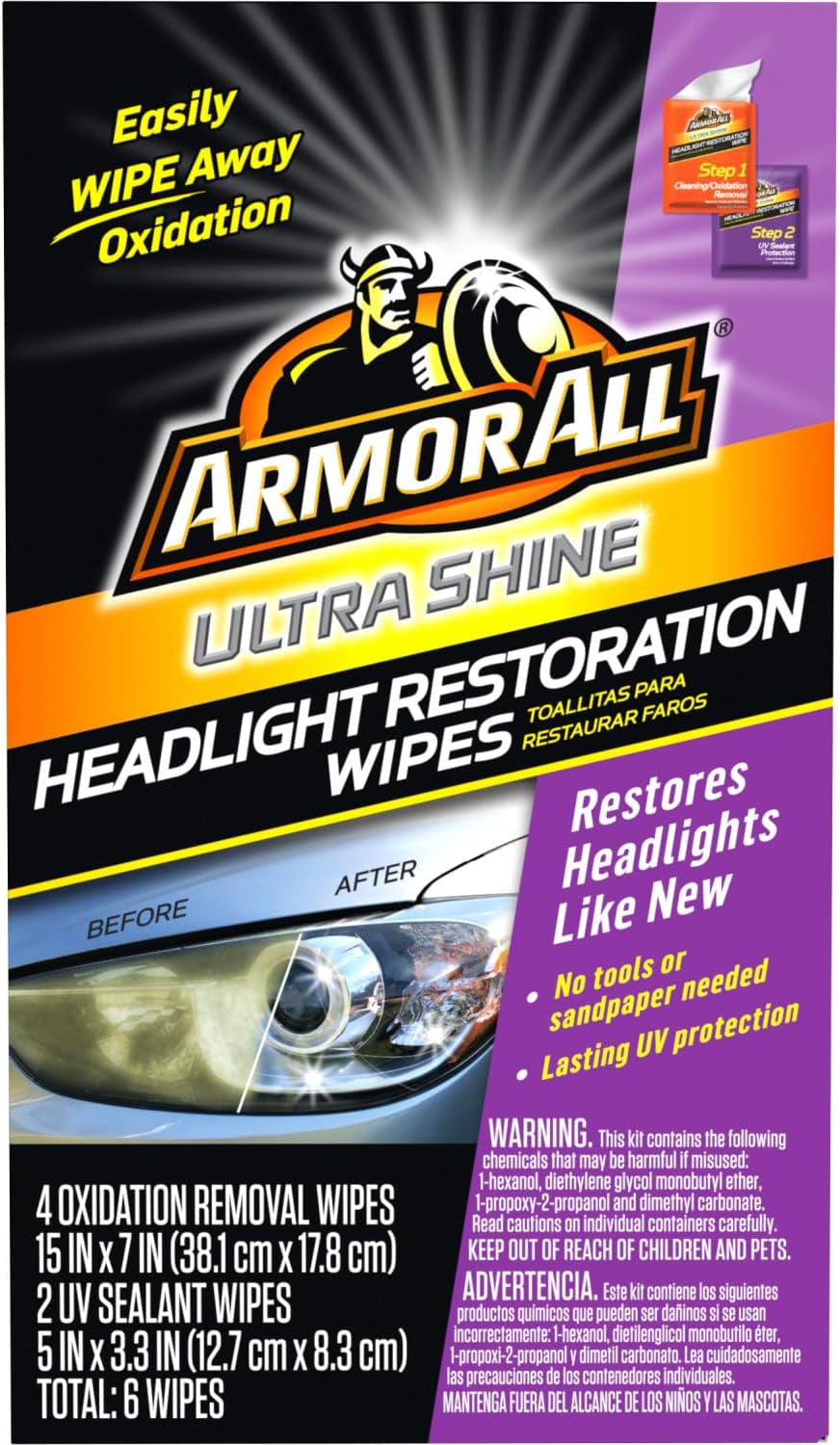 Armor All Car Headlights Cleaner Wipes , Cleaning Wipes for Headlights for Cars, Trucks, Mortocycles, 6 Wipes