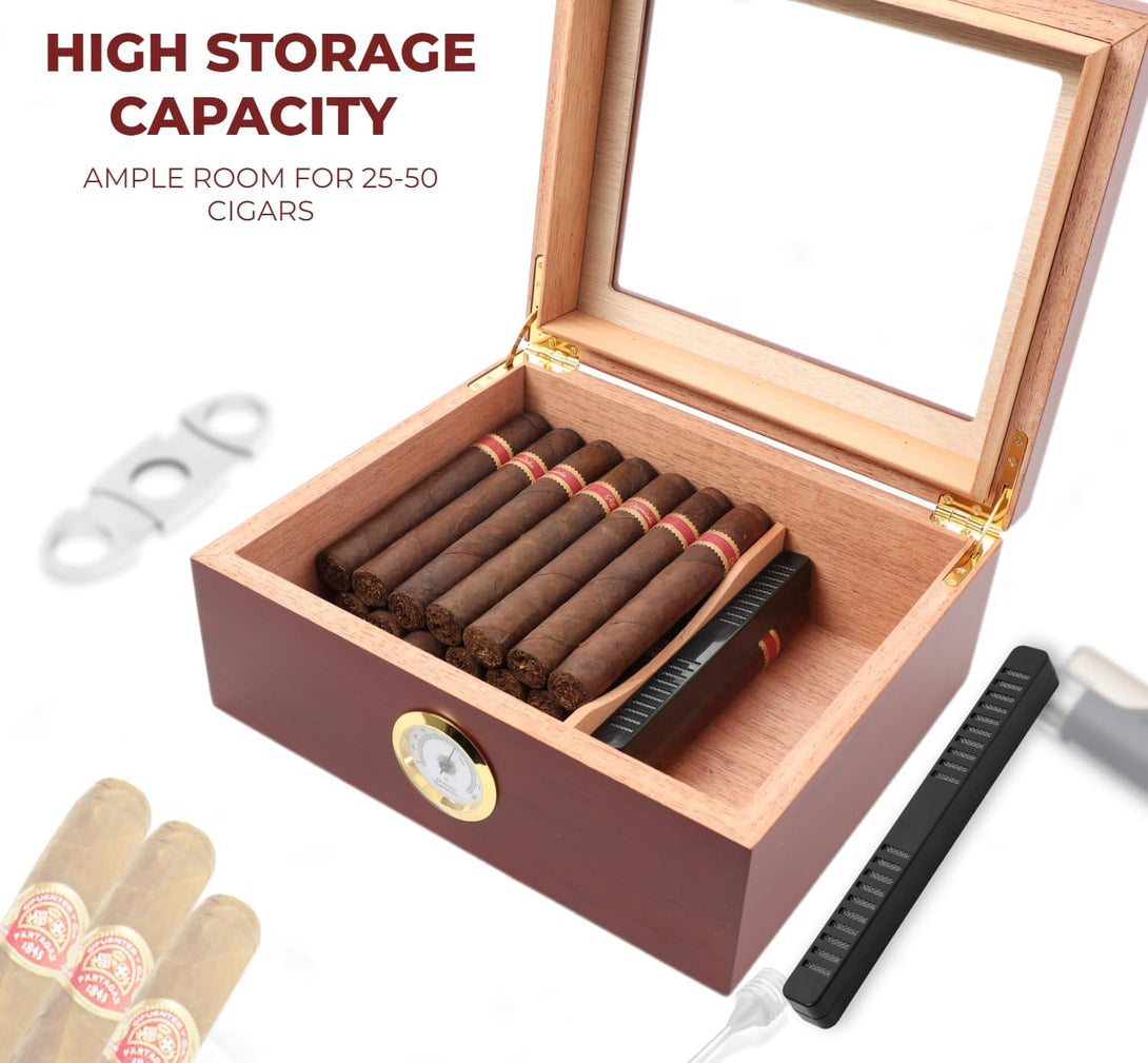 Premium Cigar Humidor for 25-50 Cigars - Elegant Humidor Humidor with Hygrometer and Humidifier - Cedar Lined Cigar Box for Optimal Humidity Control