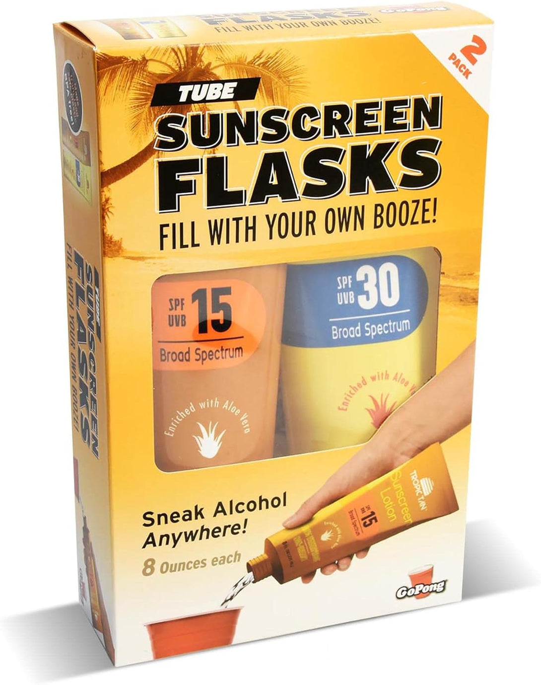 Gopong Sunscreen Flask 2 Pack (16 Oz Total) - Hidden Alcohol Travel Flasks - 2 Secret Liquor Containers for Beaches, Cruises, and Sports Events