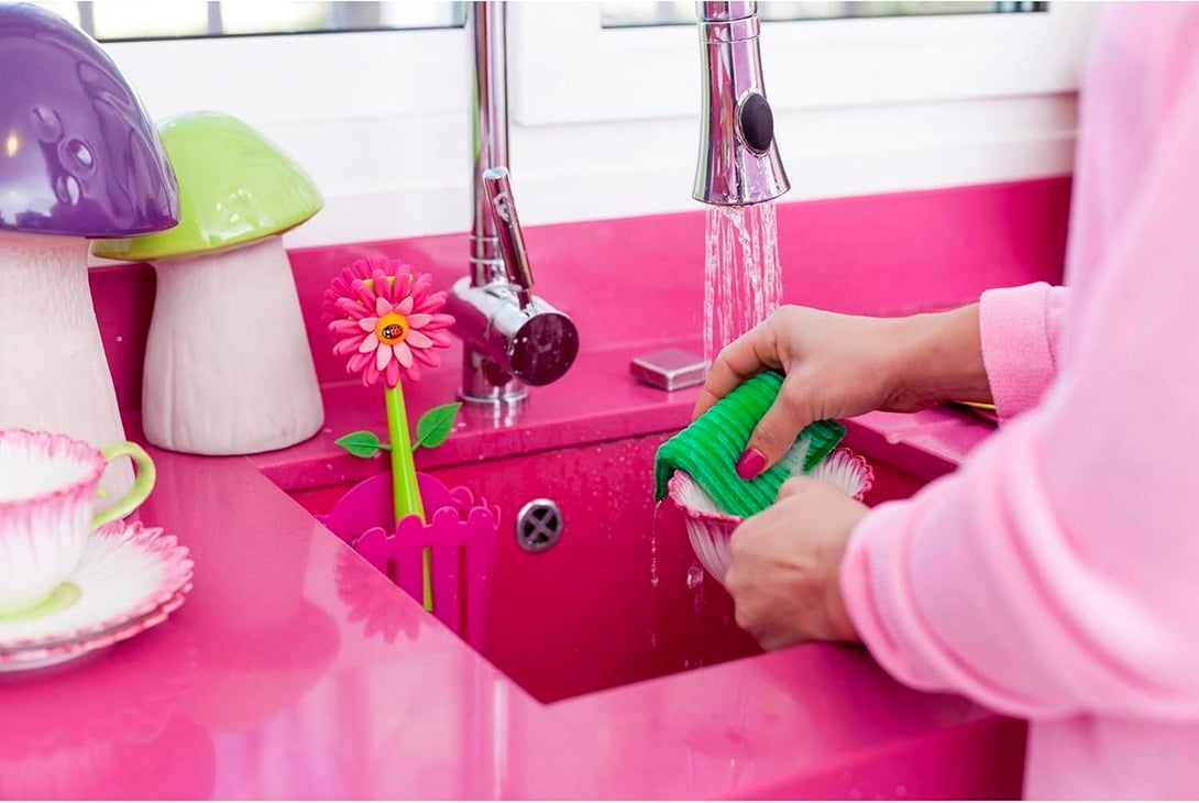 Vigar Flower Power 3-In-1 Kitchen Sink Caddy Set, Flower-Shaped Dish Brush, Sponge, Fence-Shaped Holder and Suction Cup, Ideal Sink Organizer, Pink