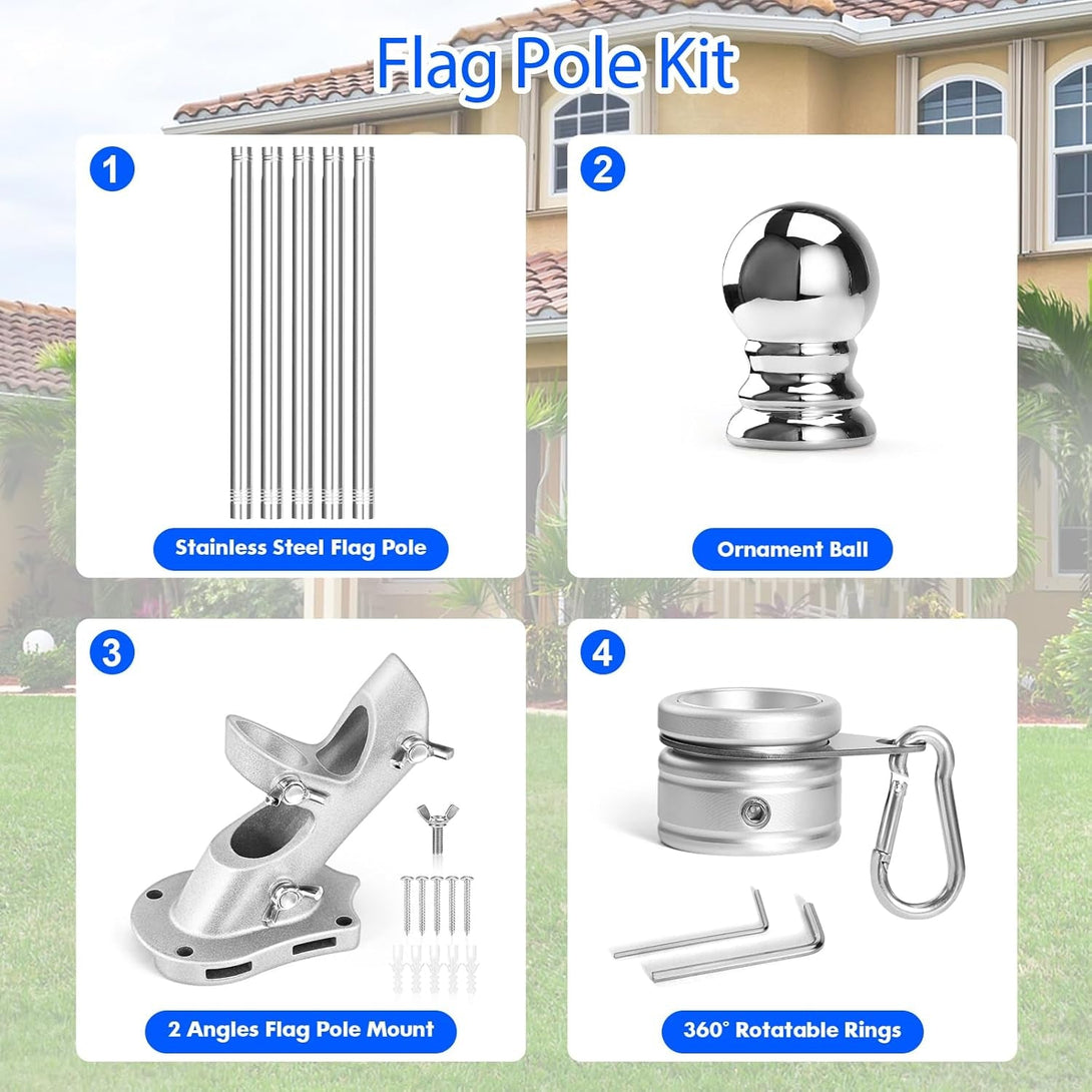 Anovo Flag Pole Kit- Stainless Steel 6 FT Flag Poles With1 Inch Metal 360° Rotating Flag Pole Rings Clip, Two-Position Flag Pole Holder Brackets Mounting for outside House Outdoor Porch (6 Ft-Sliver)