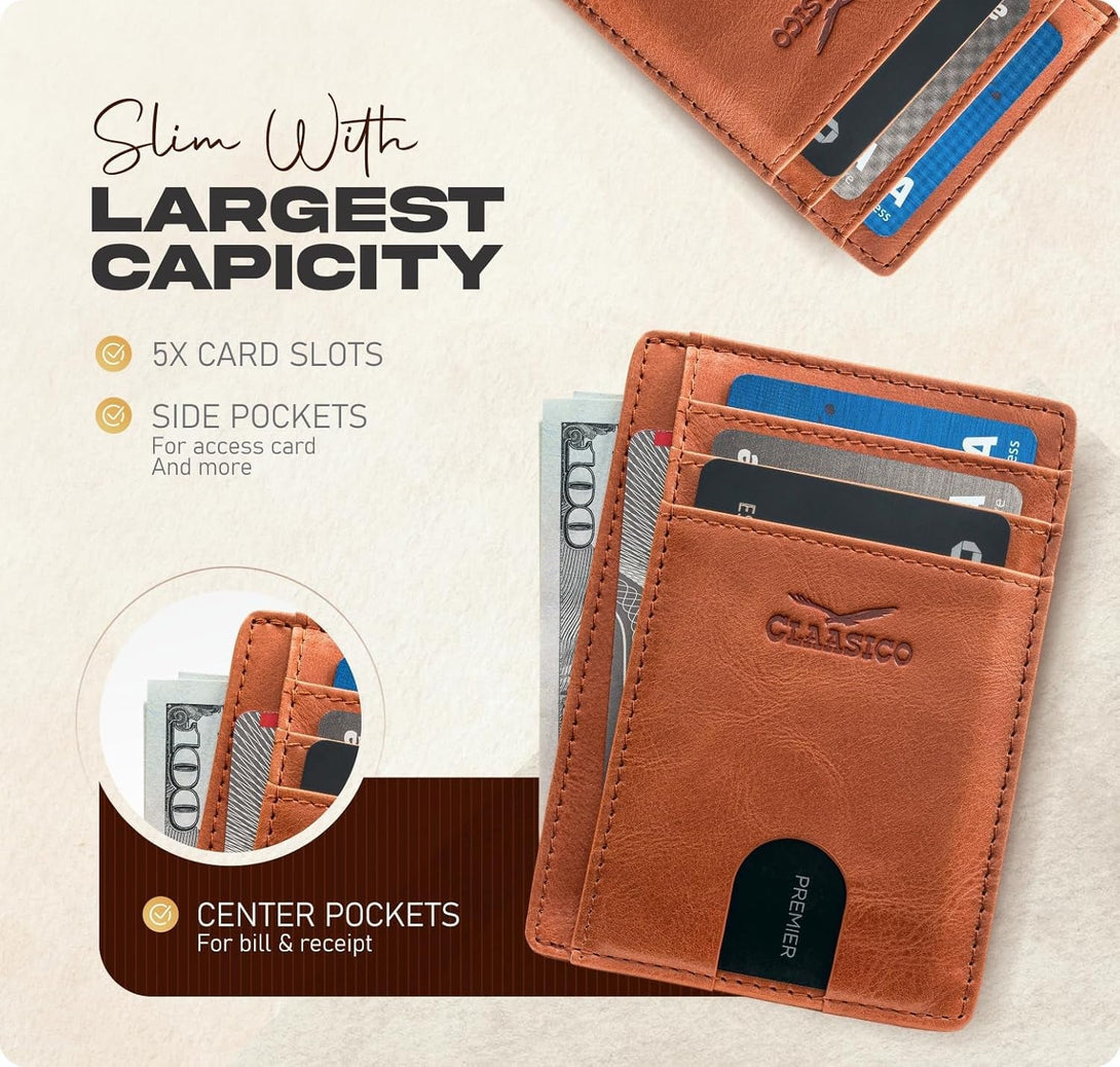 Claasico Front Pocket Small Mens Wallet RFID Blocking Genuine Leather Credit Card Holder