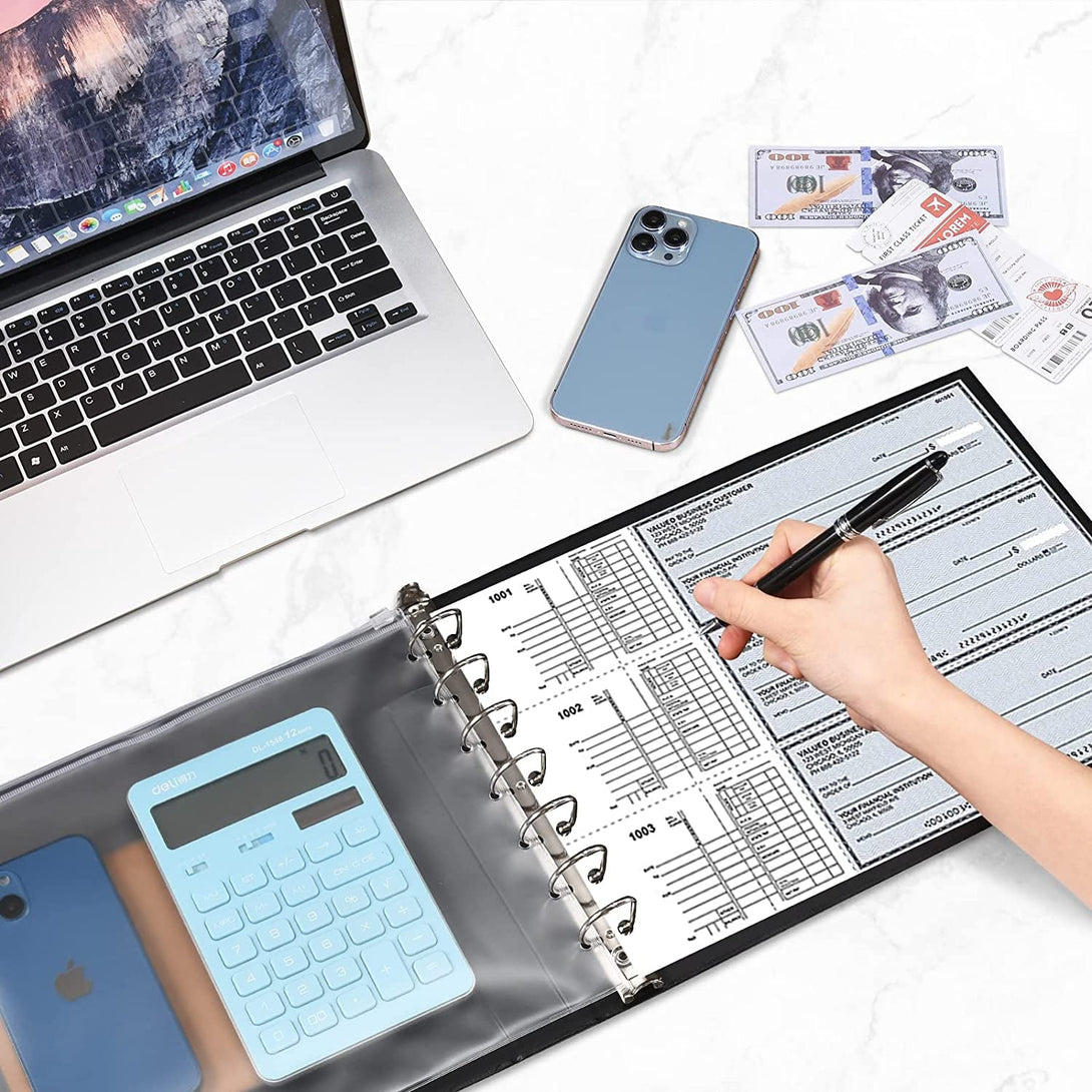 7 Ring Check Binder, 3-On-A-Page Business Checkbook Holder, 500 Checks Capacity, with 2024-2030 Calendar Organizer, Sleek Business Design (Black)