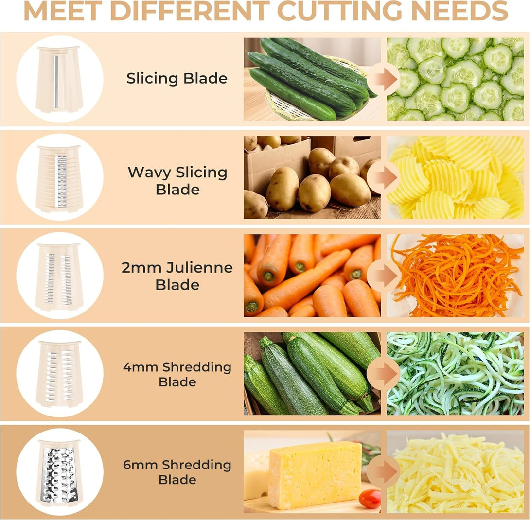 SUSTEAS Rotary Cheese Grater with Handle - Vegetable Shredder with 5 Well-Designed Blades & Strong Suction Base,Round Mandoline Slicer & Food Chopper for Kitchen,With Blade Storage Box(Beige)