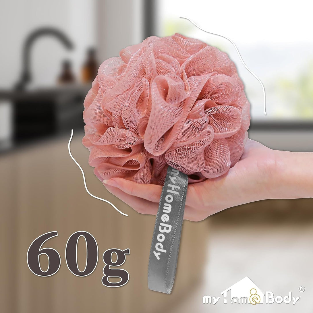 Myhomebody 60G Loofah Sponge, Body Scrubber, Bath Sponge, Loofah for Women, Men, Exfoliating Sponge Shower Pouf with Activated Charcoal - 2 Peach + 1 Coral Red, 3 Pack