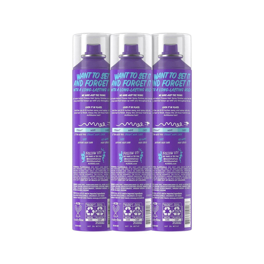 Aussie Instant Freeze Hair Spray for Extreme Hold, Infused with Jojoba Oil & Sea Kelp, Long-Lasting All-Day Hold, Fresh Citrus Scent, Safe for All Hair Types, 10 Fl Oz, 3 Pack