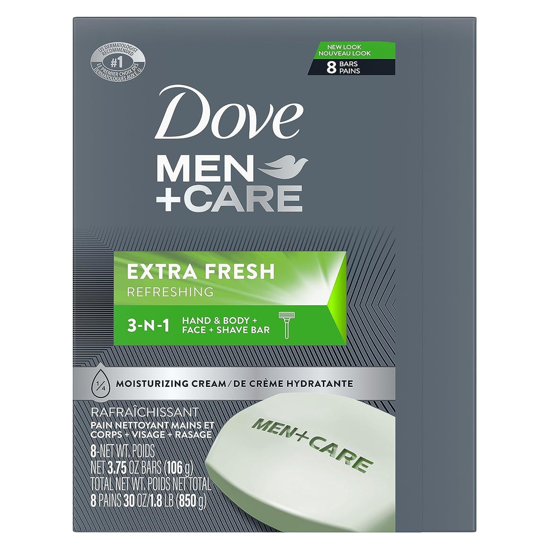 DOVE MEN + CARE 3 in 1 Bar Cleanser for Body, Face, and Shaving Extra Fresh Body and Facial Cleanser More Moisturizing than Bar Soap to Clean and Hydrate Skin 3.75 Ounce (Pack of 8)
