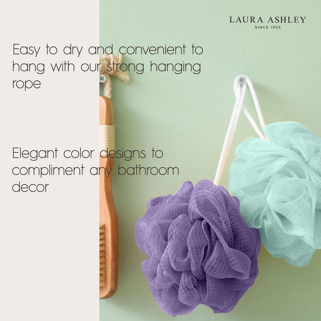 Laura Ashley 6 Pack Loofah for Women - Shower Poufs, Exfoliating & Cleansing Body Scrubbers for Shower with Washable Zip up Bag
