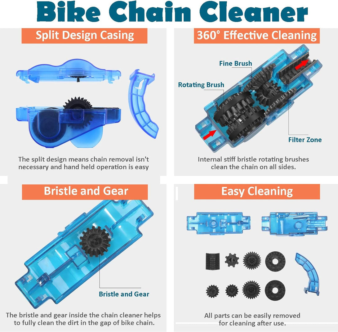 Bike Chain Cleaner, Bike Cleaning Kit, Chain Cleaner for Cycling, Suitable for Mountain Bike, Road Bike, BMX, Bicycle Cleaning Brush Tool for Drivetrain, Gear, Cassette, Sprockets, 4 Piece Set