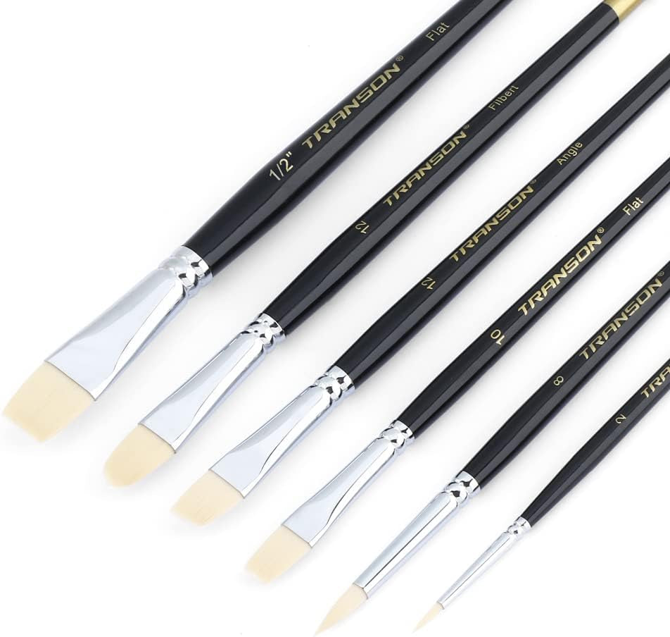 Transon Paint Brush Set 6Pcs Art Painting Flexible Bristle for Acrylic Watercolor Gouache Oil Leather Canvas and Face Painting