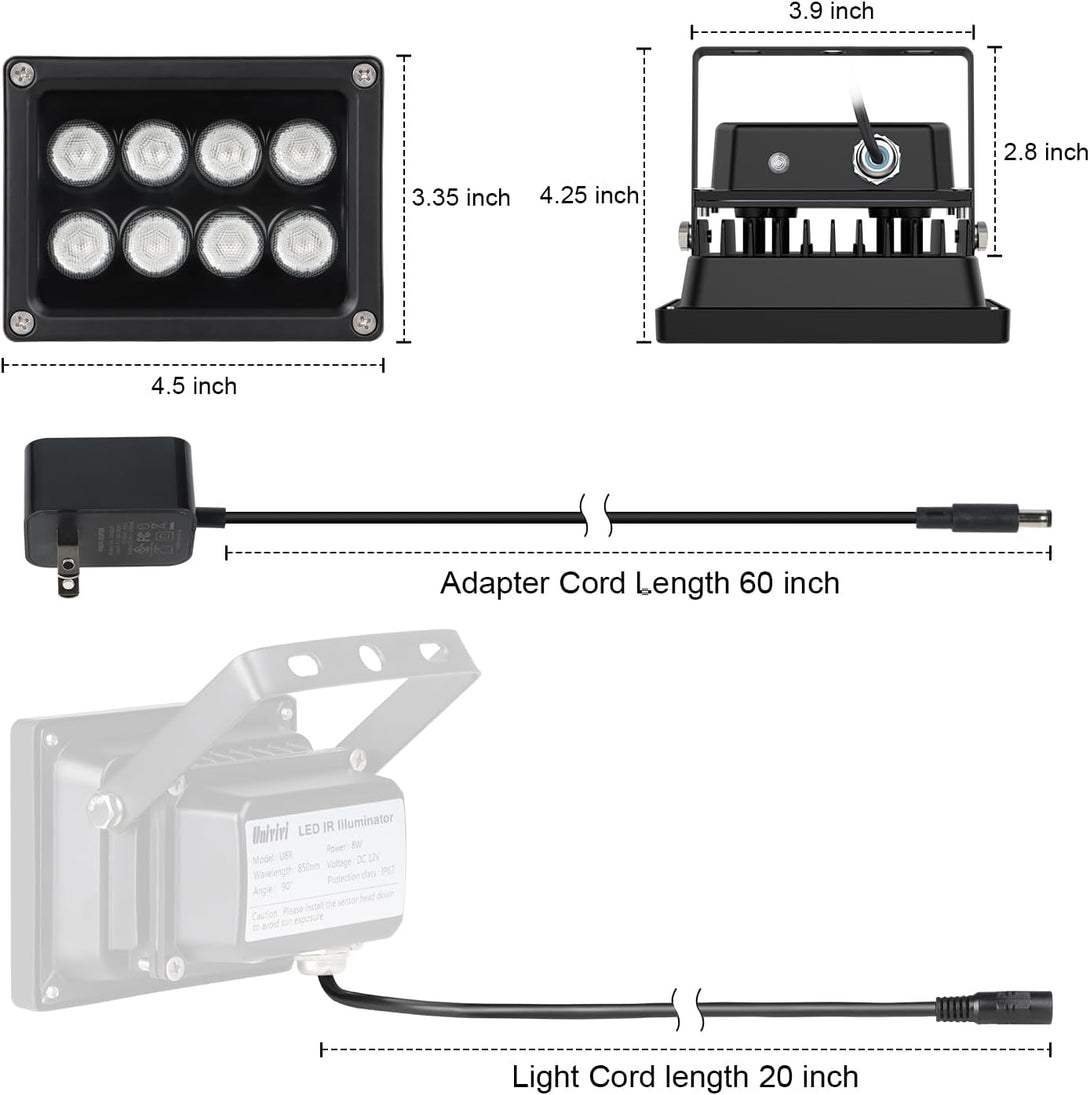 Univivi IR Illuminator 90 Degree Wide Angle 8-Leds IR Infrared Light 850Nm Infrared Illuminator for Night Vision IP67 Waterproof Outdoor for Security Cameras