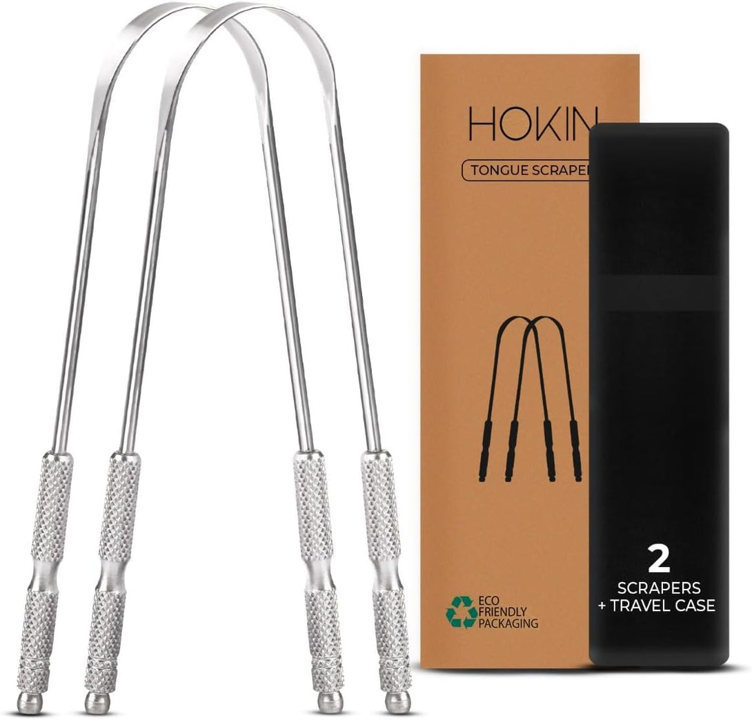 Tongue Scraper for Adults by HOKIN (2Pcs Oral Care Pack) Stainless Steel Tongue Cleaners Reduce Bad Breath 100% Metal Tough Scrapers Men and Women Hygiene Product