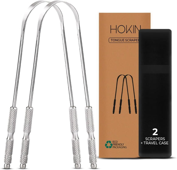 Tongue Scraper for Adults by HOKIN (2Pcs Oral Care Pack) Stainless Steel Tongue Cleaners Reduce Bad Breath 100% Metal Tough Scrapers Men and Women Hygiene Product