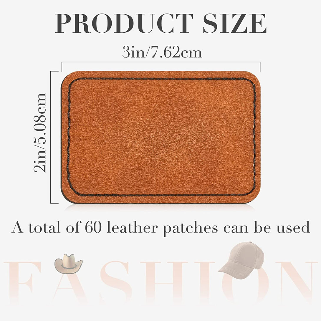 60 Pcs Blank Leatherette Hat Patches with Adhesive Rustic Leatherette Rectangle Patch Faux Leather Patches for Hats Custom Fabric Repair Sew Laser Supplies (Khaki,3 X 2 Inch)