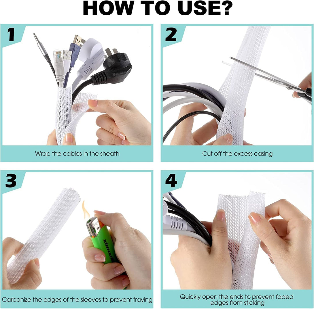 AGPTEK White Cable Sleeve Cover, 2 Pack 5Ft - 1.2 Inch Cord Management Wire Organizer under Desk, Home Office Computer Wire Cover Hider Cord Protector, Protect Pet Cat Dog from Chewing, White