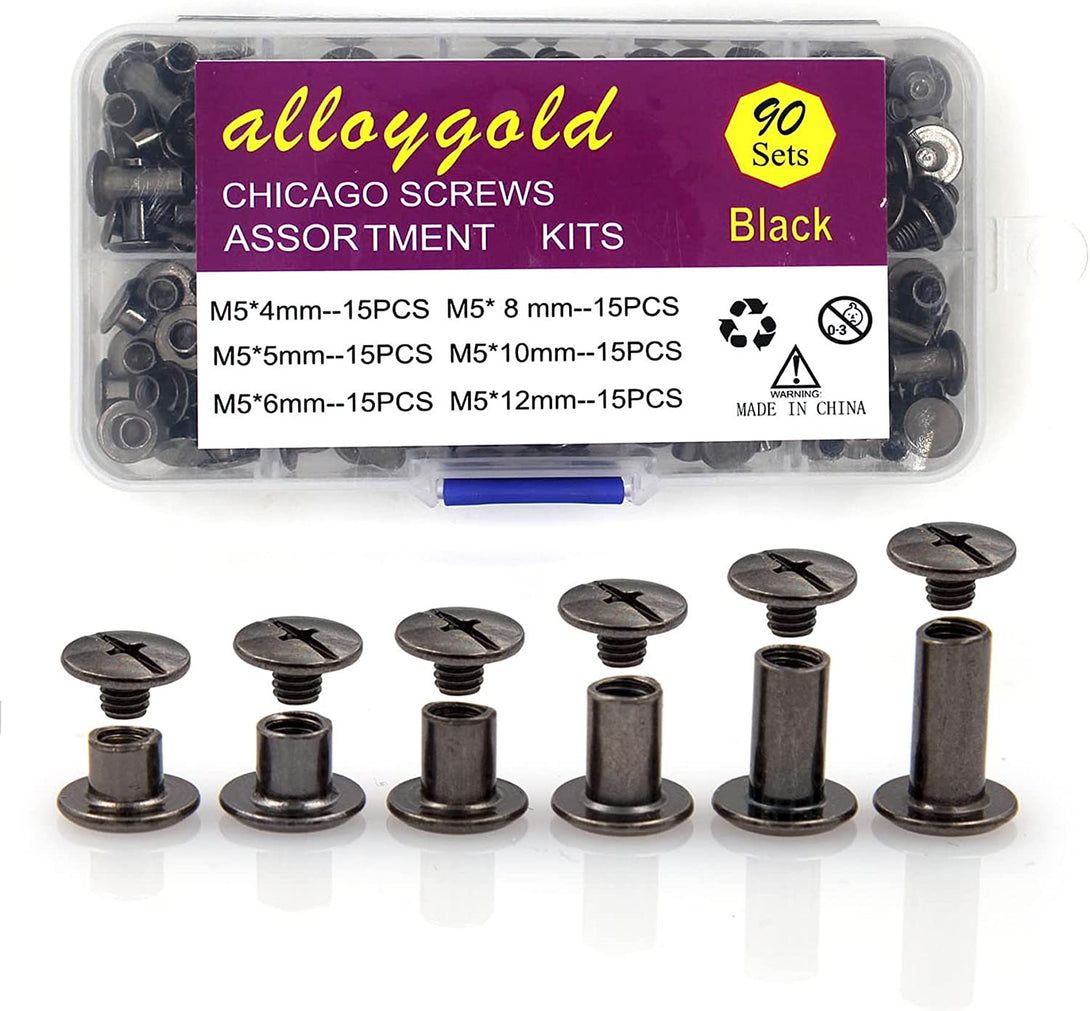 90 Sets Black Chicago Screw Leather Assorted Kit ，6 Sizes of Screw Rivets for Leather Rivet ，For DIY Leather Craft and Bookbinding (M5 X 4, 5, 6, 8, 10, 12)