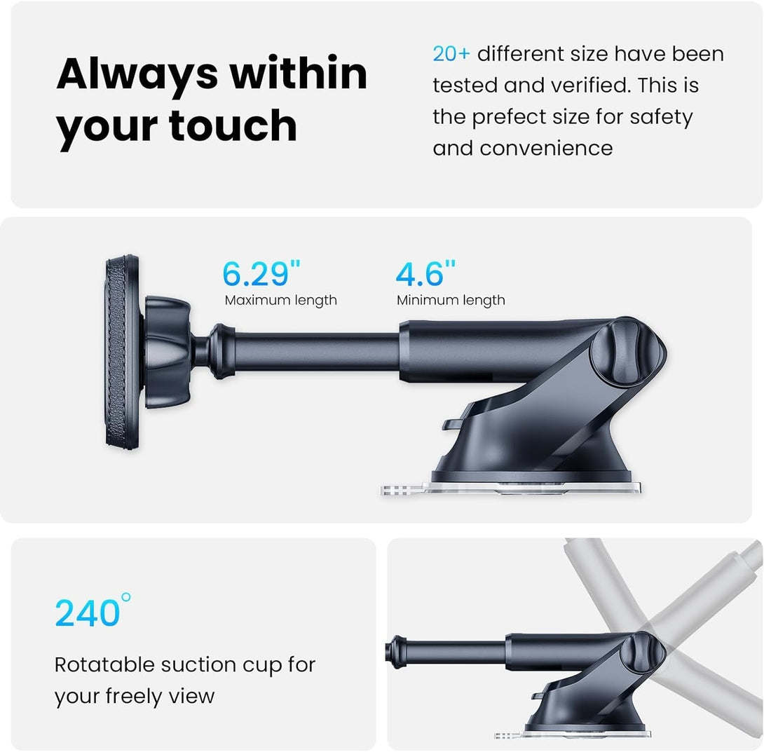 Apps2Car Magnetic Phone Mount for Car – Industrial Suction Cup Dashboard & Windshield Holder with Telescopic Arm, 6 Strong Magnets – Universal Fit for Iphone & Android (Metal Plate Required)