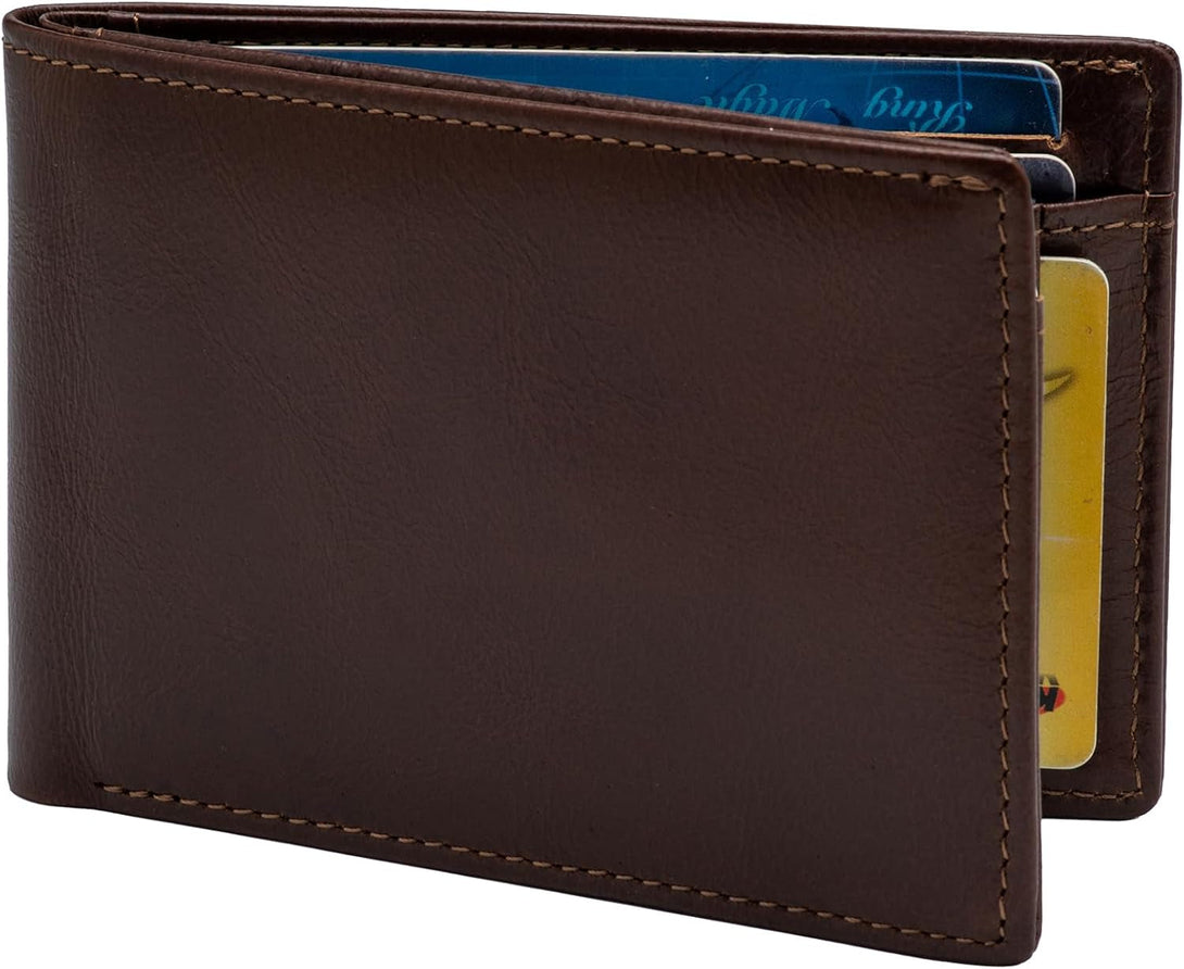 Slim Minimalist Mens Bifold Wallet, RFID Blocking Genuine Leather Wallet for Men with ID Window and 8 Cards Slot.（Coffee）
