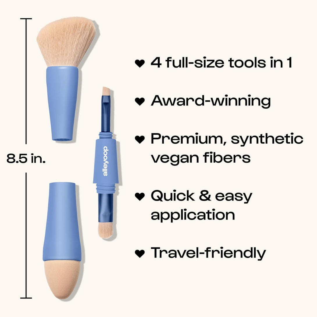 Alleyoop Multi-Tasker 4-In-1 Travel Makeup Brush Set – Compact Makeup Brushes with Blending Sponge, Eyeshadow, Eyebrow & Liner, Blush & Bronzer Brush – Mini Makeup Tools Kit for Women, Vegan