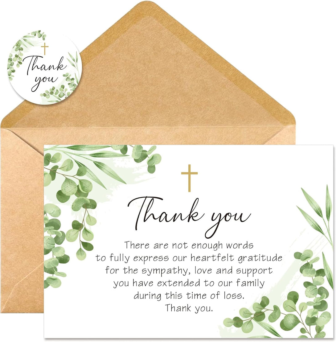 50Pcs Funeral Sympathy Thank You Cards with Envelopes and Matching Seal Stickers, Green Leaf Cross Bereavement Card with Message for Memorial Service Loved Ones Celebration of Life