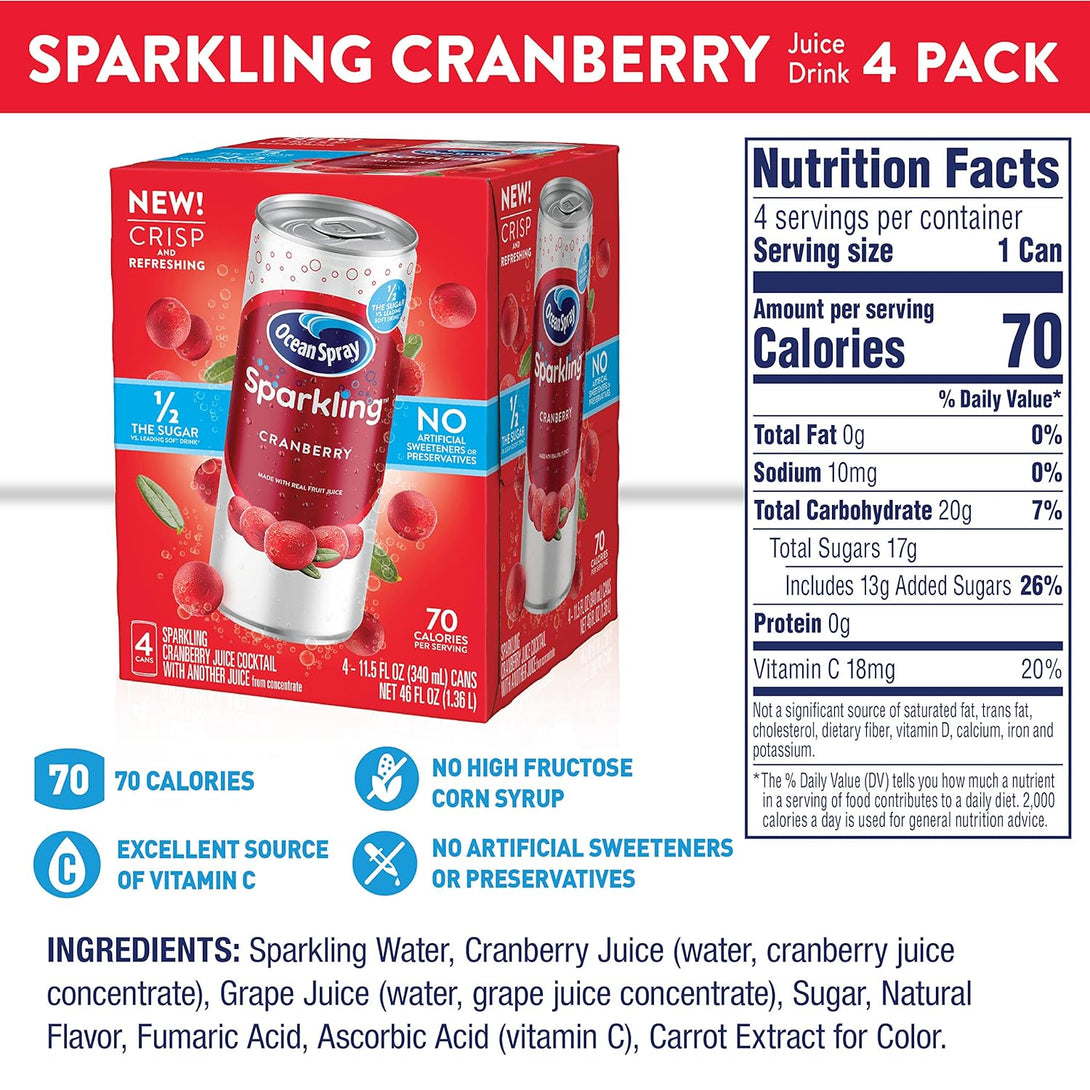 Ocean Spray® Sparkling Cranberry Juice Drink, 11.5 Fl Oz Cans, 4 Count (Pack of 6)