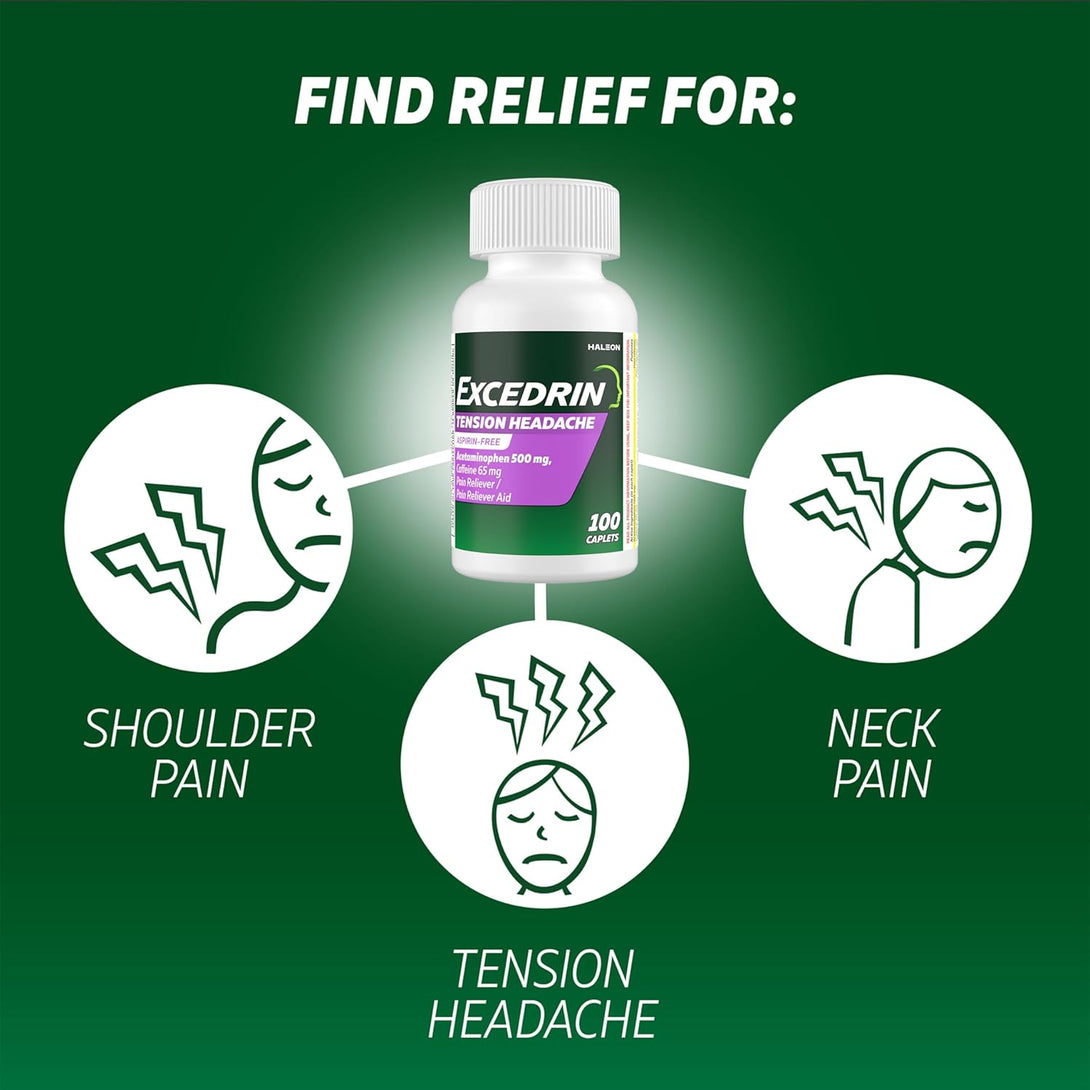 Excedrin Tension Headache Relief Caplets without Aspirin for Head, Neck and Shoulder Pain Relief - 100 Count