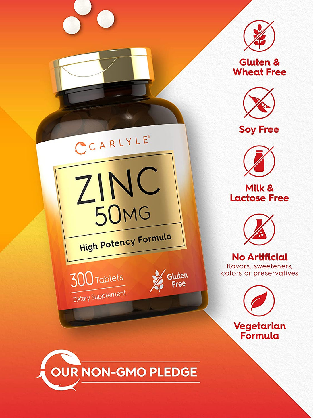 Carlyle Zinc 50Mg | 300 Tablets | Vegetarian, Non-Gmo, and Gluten Free Supplement | Zinc Gluconate | High Potency Formula